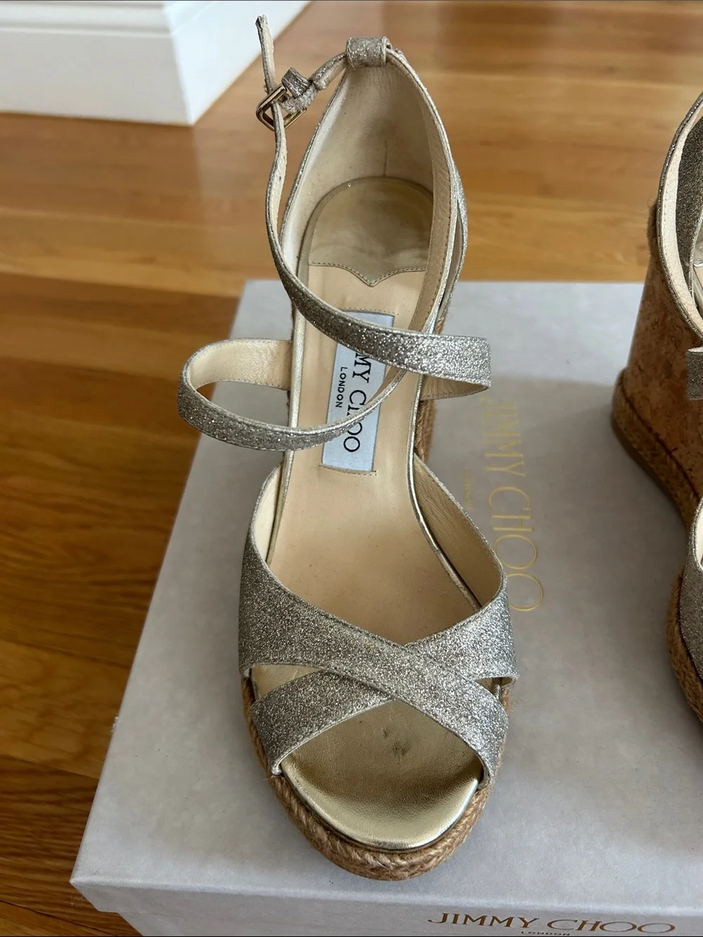 Jimmy Choo Platinum Ice Alana Espadrille Wedge Sandals size 38.5